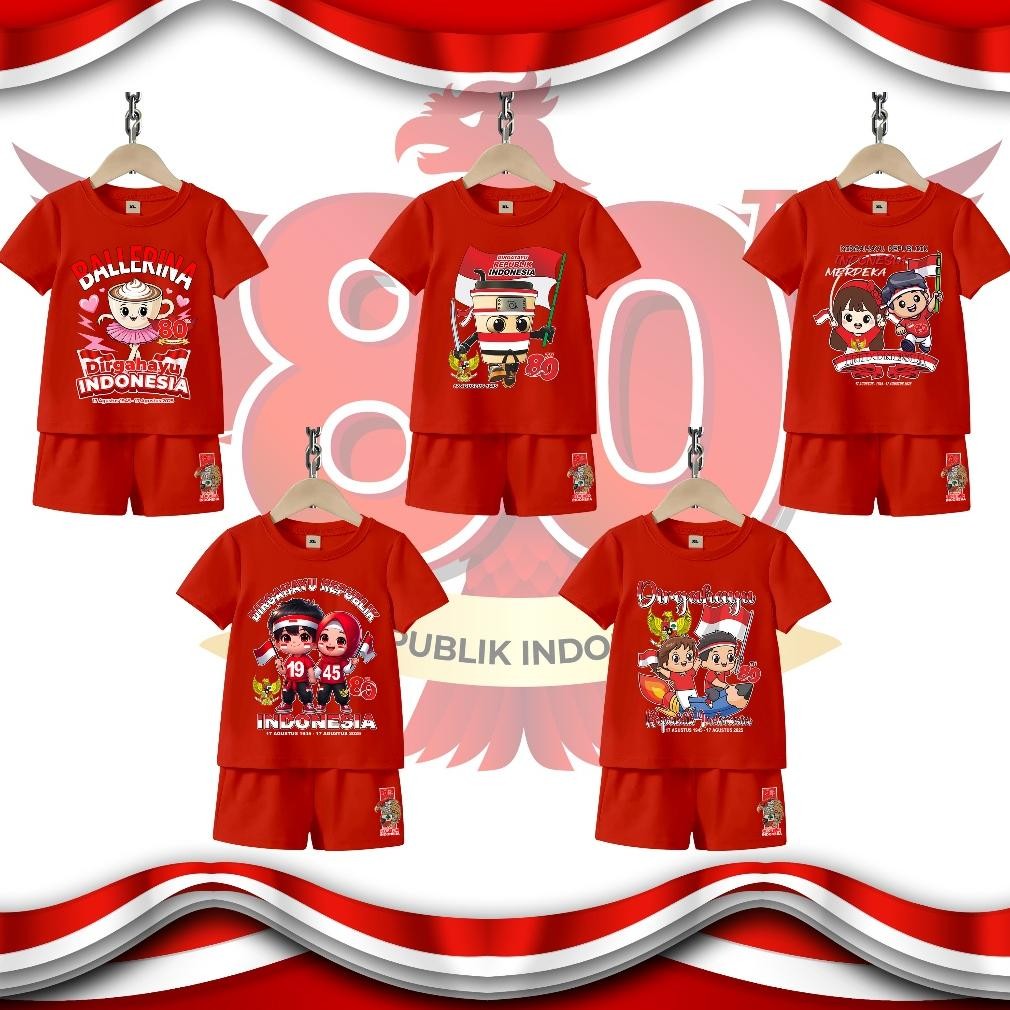 Gh-45 Setelan Pendek Anak 17 Agustus Kemerdekaan 2025 Umur 1-10 Tahun