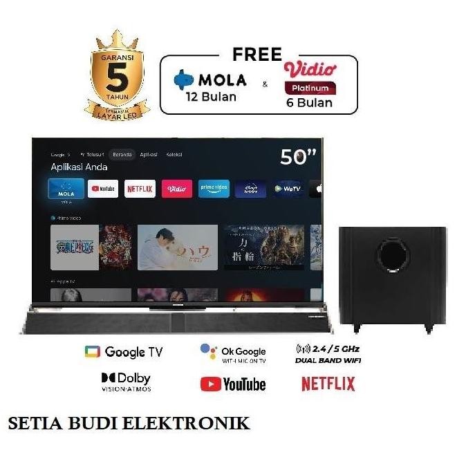 TERBARU - Polytron Smart Google TV 4k uhd Cinemax Soundbar subwoofer android 50 / 50 INCH / PLD 50Bu