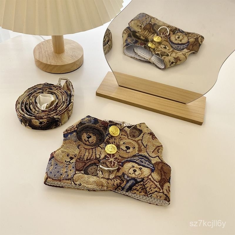 ins Korean Style Pure Cotton Cute Striped Bear Chest Harness Pet Cat Dog Low Leash Walking Set MYTV