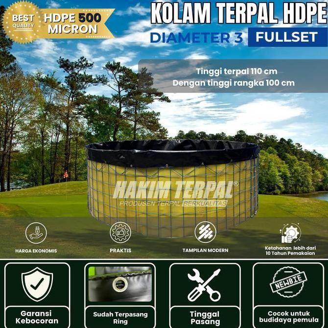 KOLAM TERPAL BULAT DIAMETER 3 TINGGI 1,2 METER FULLSET BAHAN HDPE GEOMEMBRANE 500 MICRON UNTUK KOLAM