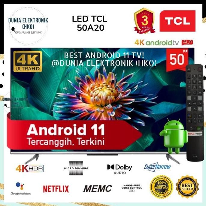 BEBAS ONGKIR - LED TV TCL 50A20 50" 50 INCH SMART TV ANDROID 11 4K UHD