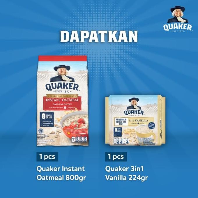 

Quaker Instant Oatmeal 800g + 3in1 Vanilla Polybag 224g