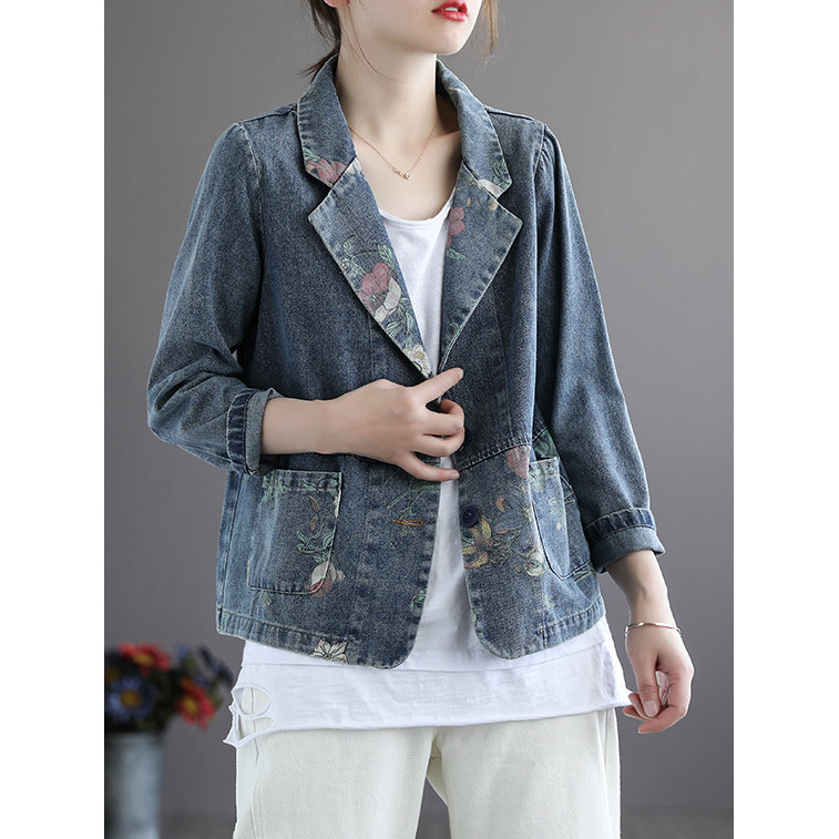 Vintage Small Suit Printed Petite Denim Jacket