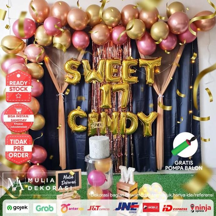 Dekorasi Sweet Seventeen 17 th Ultah Metalik Birthday DIY PaketLengkap