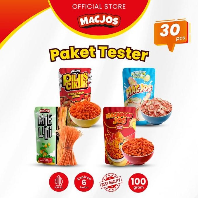 

MACARONI JOS Snack Cemilan Paket Tester 30pcs - Makaroni Mie Lidi Pilus Cikur Kerupuk Seblak - Isi 4 Varian Produk Food