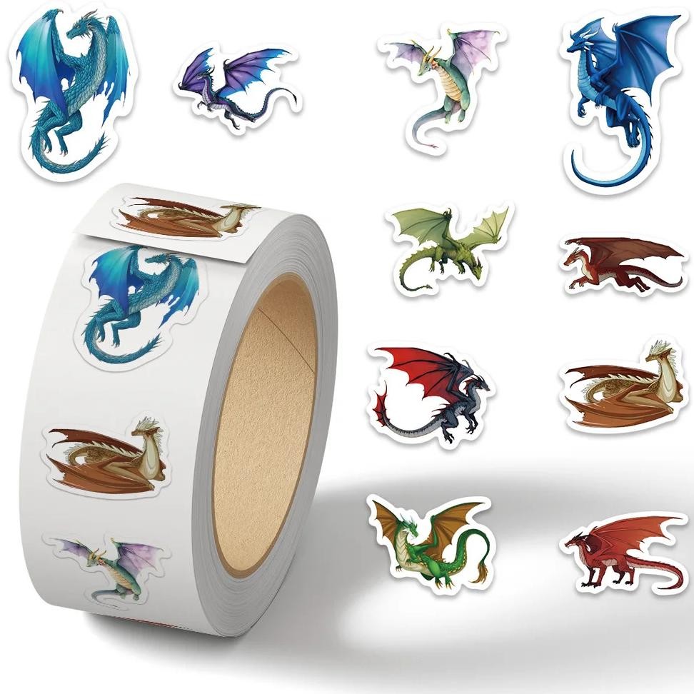 

500Pcs Cartoon Western Dragon Animal Roll Stickers Cute Toy Game Sticker Diy Gift Sealing Label Decoration (10 Patterns)