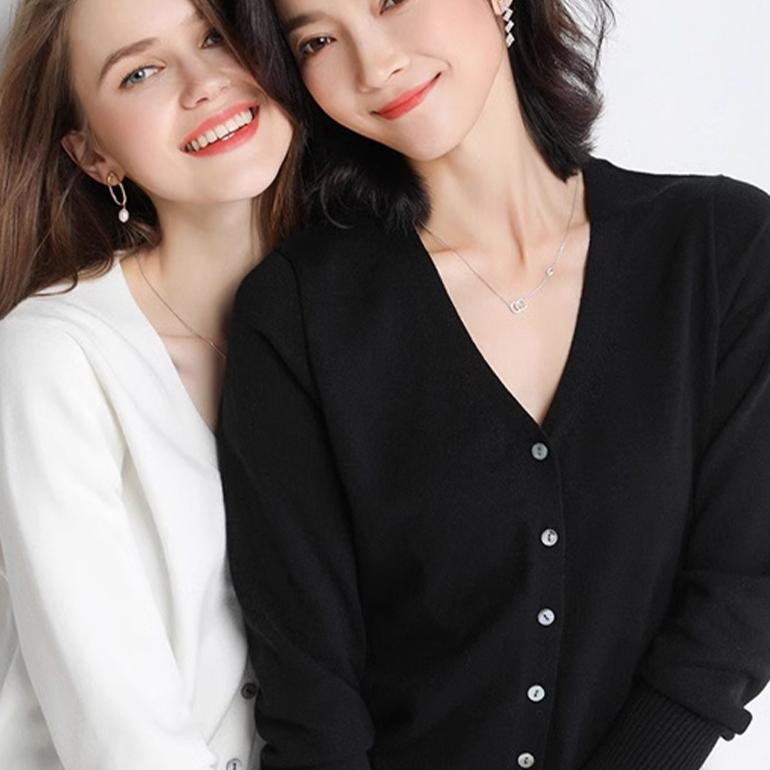 Knit Cardigan Korea Cardigan Polos Cardigan Rajut V-Neck Lengan Panjang Cardigan Hitam GA