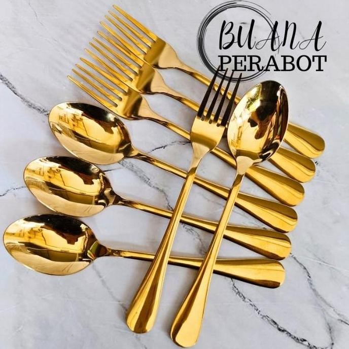 PROMO 1 SET SENDOK MAKAN EMAS DAN GARPU MAKAN EMAS TEBAL STAINLES / SENDOK RESTORAN SENDOK HOTEL
