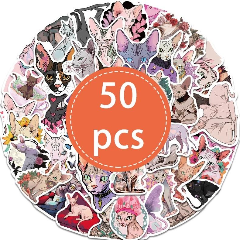 

50Pcs Sphynx Cats Stickers Cute Hairless Cat Animal Stickers Funny Kids Diy Decals Toy Phone Laptop Luggage Skateboard Gifts