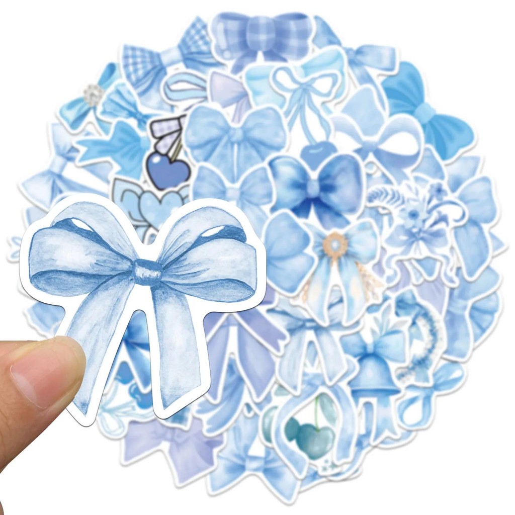

50Pcs Blue Cartoon Bow Stickers Exquisite And Cute Handbooks Material Phone Cases Laptop Suitcases Water Cups Waterproof Sticker