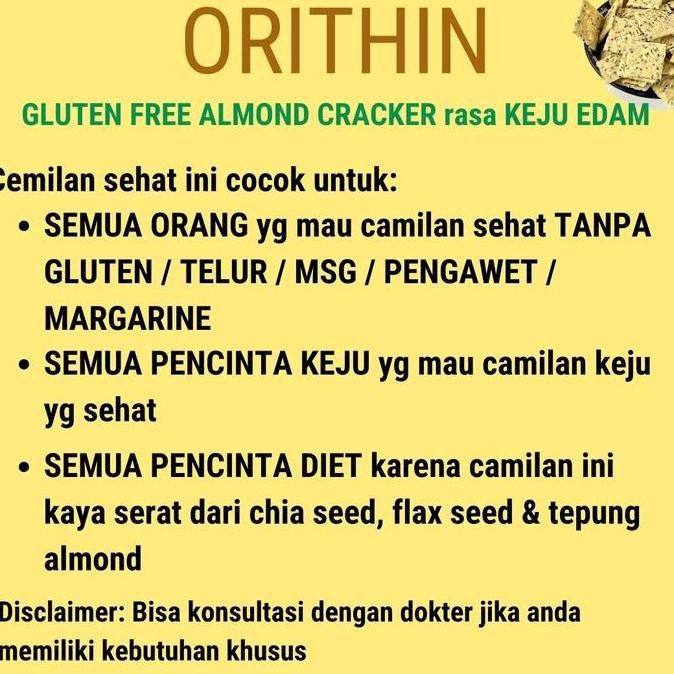 

ORIThin Cracker Gluten Free 60Gr rasa KEJU EDAM Cemilan Sehat Kaya Serat Tanpa Gluten Tanpa Telur Tanpa MSG Tanpa Pengawet Bebas gula Almond Camilan Snack