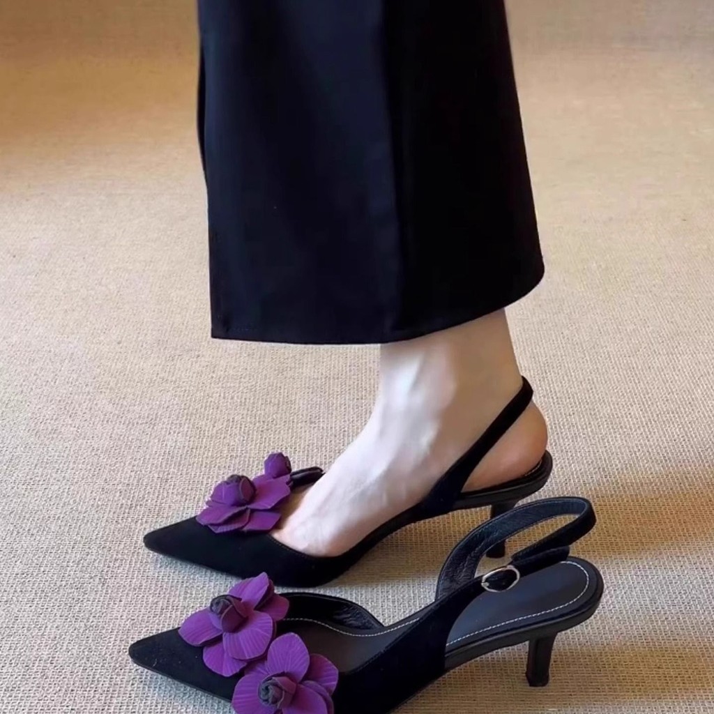 Sepatu Tunggal Ujung Runcing Bunga Ungu Hak Tebal Hak Rendah Kulit Lembut Sepatu Wanita Tali Belakan