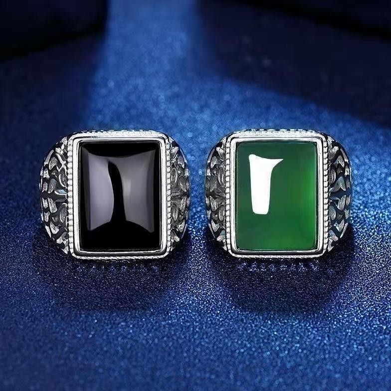 Cincin Kotak Mata Batu Hijau Mirip Bacan & Hitam / Cincin Pria Batu Akik Imitasi Ukuran Bisa Disesua