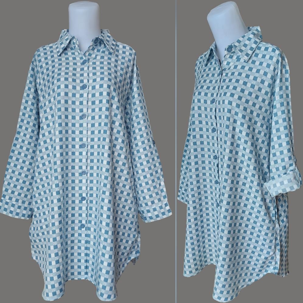 Clachella Baju Tunik Kemeja Jumbo Motif Kotak-kotak Atasan Wanita T92C2021 terlaris