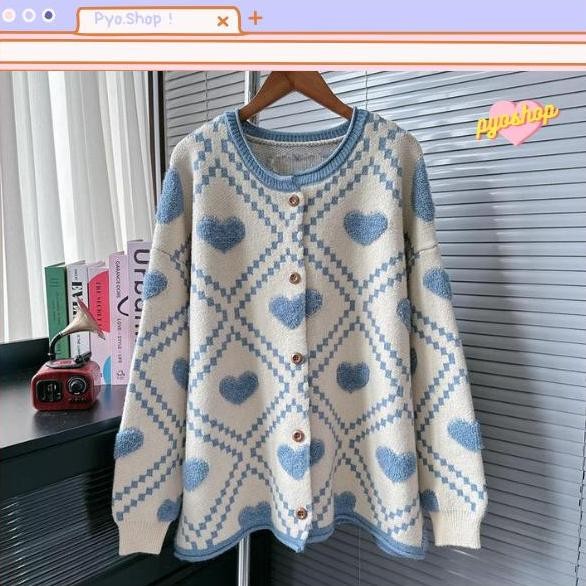 PYOSHOP - Cardigan Knitwear Oversize Motif Love Rajut Wanita Warna Pastel terlaris