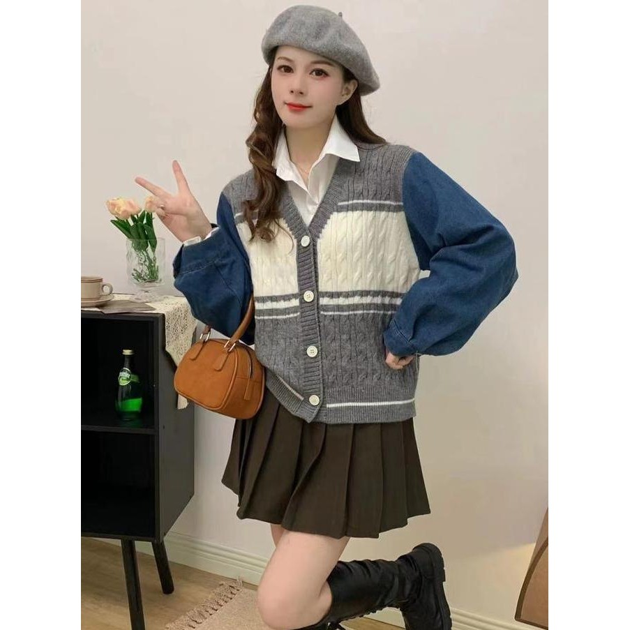 Berynette 0276 Sweetheart Top Denim Stripes Croptop Jaket Hoodie Casual Wanita Atasan Panjang Baju K