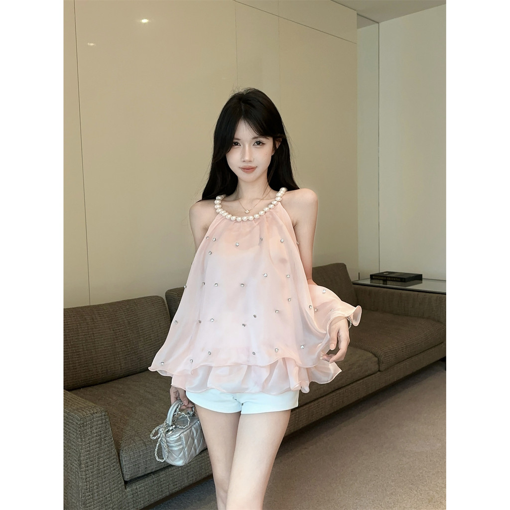 Verve WardrobeRompi Leher Halter Manis Bergaya Prancis Bertabur Berlian Tugas Berat Longgar Dan Ramp