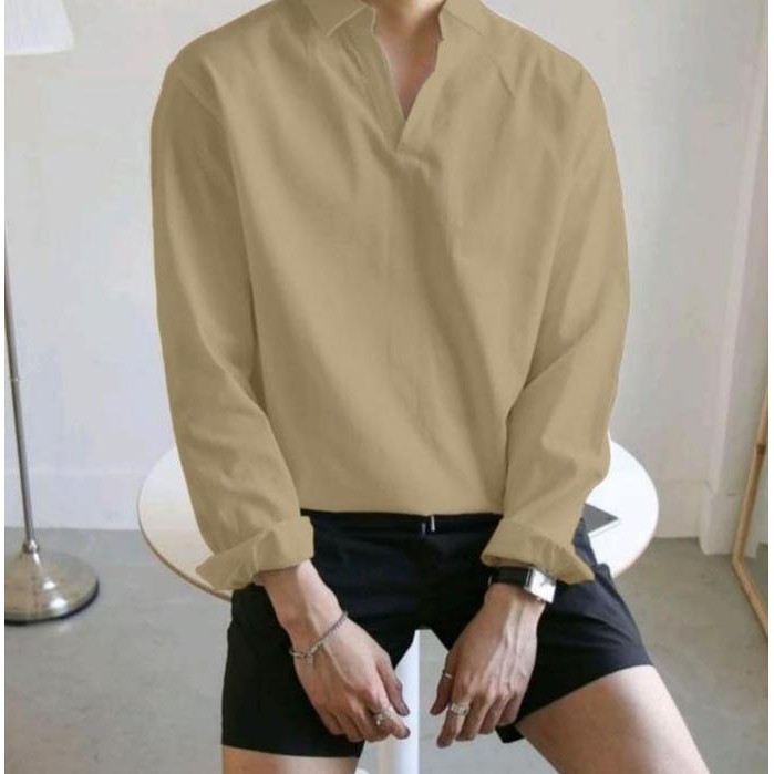BARU Kemeja Pria V-Neck Polos Lengan Panjang Marison / Atasan Kemeja Pria V-Neck Casual Lengan Panja