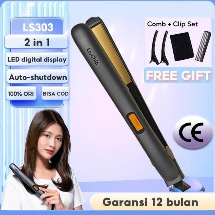 LivChic 2IN1 Catok Rambut untuk Meluruskan dan Keriting LS303 Merah Catokan Sisir AS