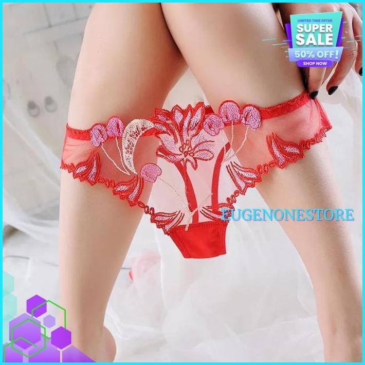 CELANA DALAM WANITA TRANSPARAN BORDIR BUNGA-BUNGA SEXY G STRING LOW WAIST THONG C TERBAIK