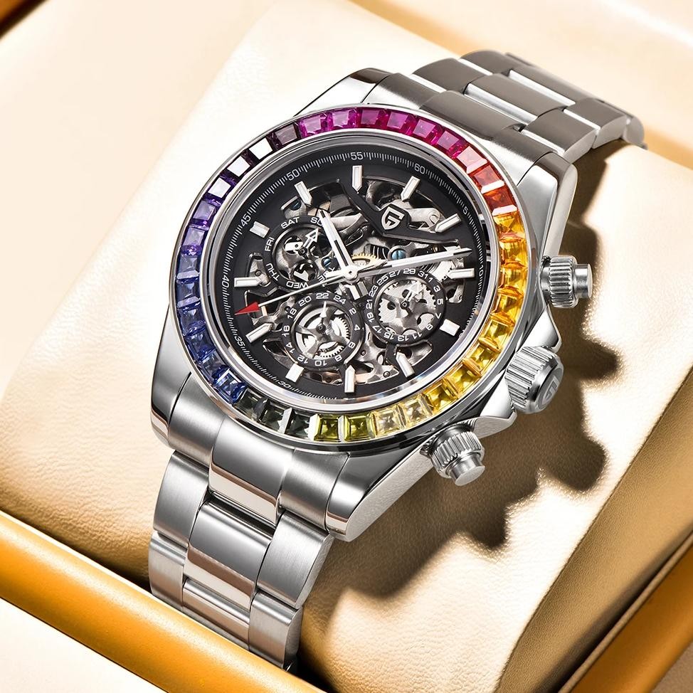 PAGANI DESIGN 40MM Fashion Rainbow Bracelet Multi functional Men's Mechanical Watch Stainless Steel 