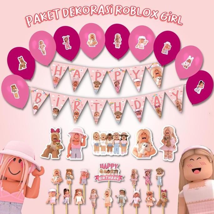 DEKORASI ULTAH ROBLOX GIRL CEWE HBD HAPPY BIRTHDAY HIASAN BANNER BALON