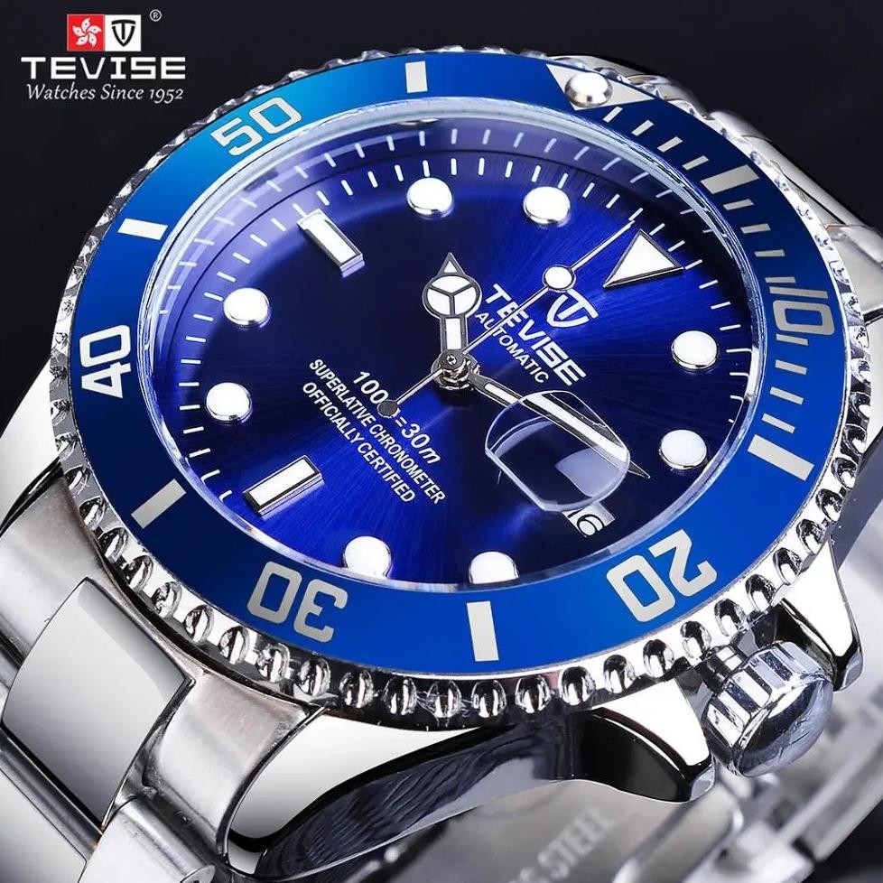 TEVISE Men's Automatic Mechanical Watch Blue Ocean Dial Full Stainless Steel Sport with Calendar Dis