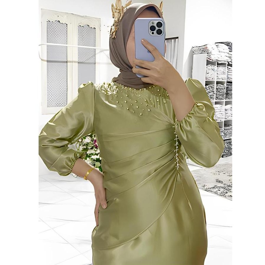 Vina Dress Kondangan Mewah Elegan Gamis Satin Payet Manik-Manik Dress Polos Press Body Mayung Duyung