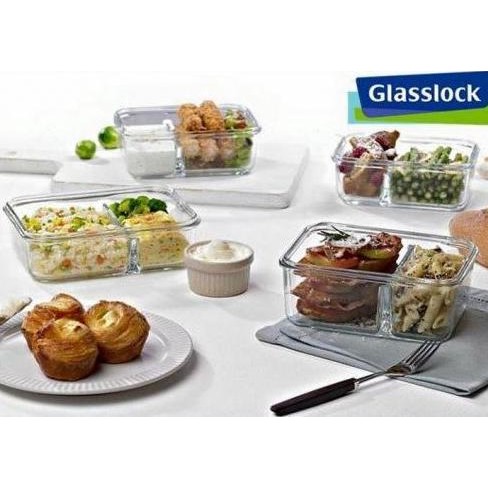 Glasslock ~ Kotak Tempat Makanan Kaca Tutup Plastik 670Ml Sekat Dua
