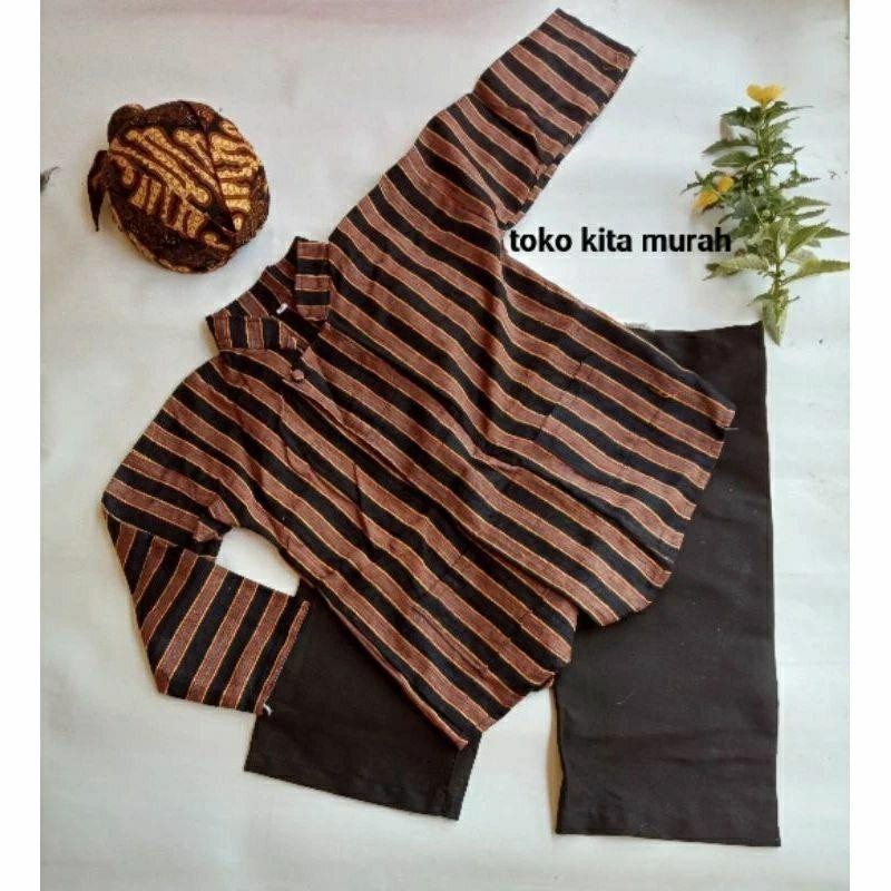 Baju Adat Anak Laki Laki Surjan Motif Lurik Bawahan Celana Hitam Murah Katun Premium
