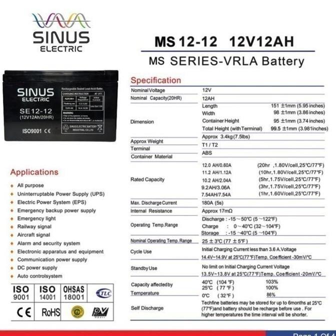 Aki Sepeda Listrik Selis Murai 12V 12Ah Aki Vrla Sinus 12V 12Ah