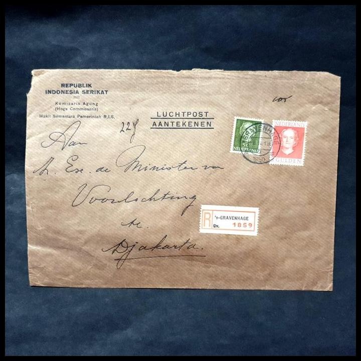 

HOT DEAL PRANGKO BELANDA/NEDERLAND. SAMPUL WAKIL SEMENTARA PEMERINTAH R.I.S. DI BELANDA. WILHEMINA 5C DAN 1 GULDEN. DARI 'S-GRAVENHAGE 8.11.1950 DIKIRIM KE DJAKARTA. ISTIMEWA. !!!!