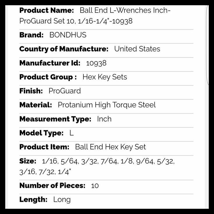 HOT DEAL BALL END L-WRENCHES INCH-PROGUARD SET 10, 1/16-1/4"-10938 BONDHUS 