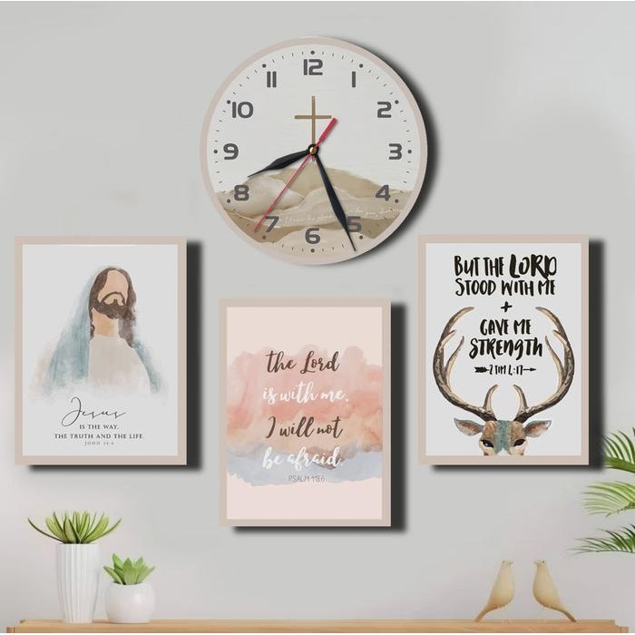 Jam Kayu Dan Hiasan Dinding Rohani Kristen Gambar Yesus Salib Dekorasi Ruang Tamu
