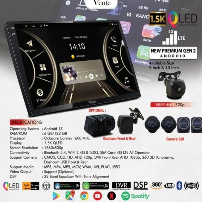 Vente - Head Unit Android New Premium Series Gen 2 (4G Lte Simcard) 1,5K Qled 9 Inch 6/128 Gb