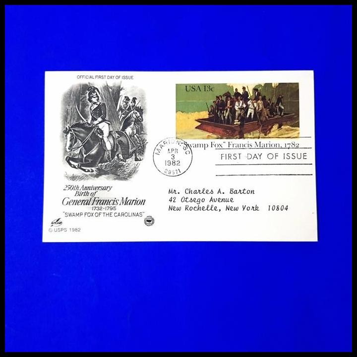 

DISKON PRANGKO AMERIKA. FDI/POSTCARD "SWAMP FOX" GENERAL FRANCIS MARION 1782 !!!