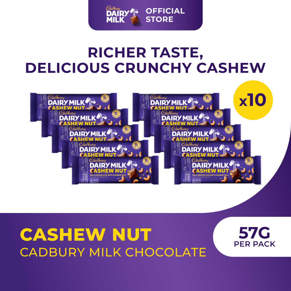 

10pcs Cadbury Coklat Cashew Nut Regular 57g | Camilan coklat susu dan kacang mede yang lembut - Multipack x10 [PAKET HEMAT]