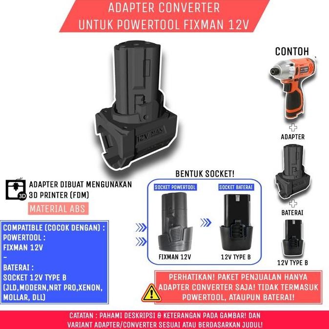 Adapter Baterai 12V (Type B) - U/Tool Fixman 12V, 3Dprint Abs