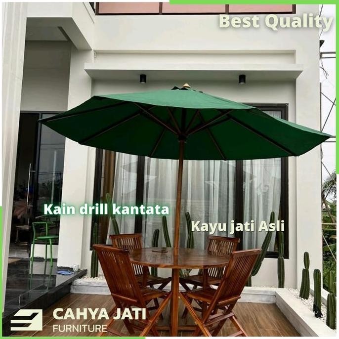 Set Meja Payung Tenda Cafe Resto Taman Outdoor Santai Kursi Lipat Jati