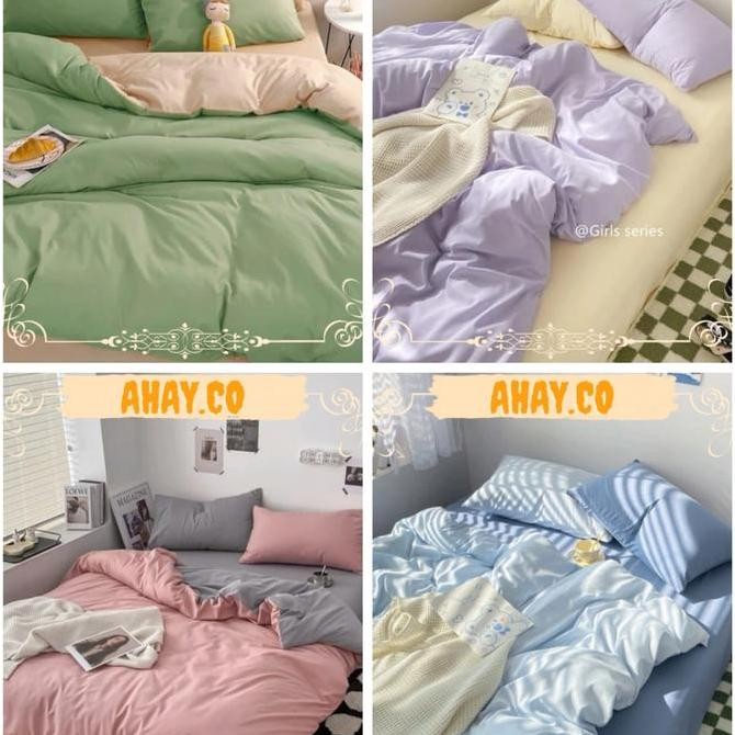 Bedcover Set Two Tone Bed Cover Warna Pastel Aesthetic Sprei Ukuran Qu
