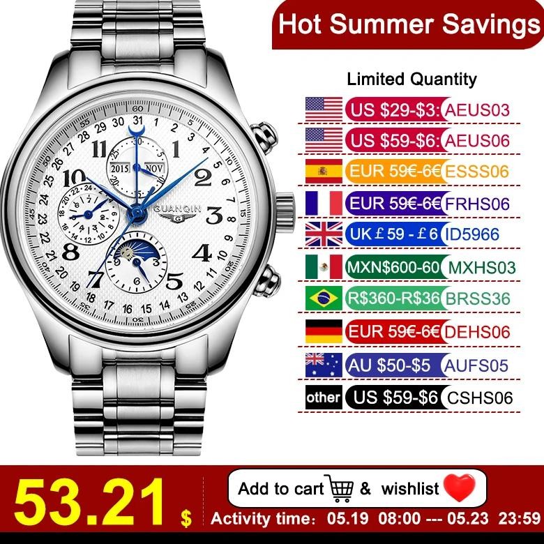 GUANQIN 2025 Men Watches Top Brand Luxury Mechanical Automatic Stainless Steel Waterproof Moon Watch