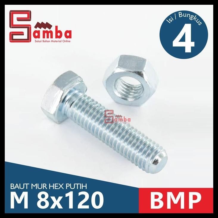HOT DEAL BAUT BMP M 8 X 120 / BAUT MUR HEX PUTIH M 8 X 120 [TERMASUK MUR] 