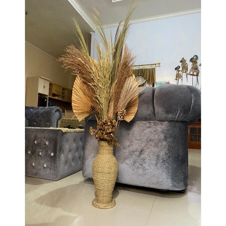 Paket Lengkap Bunga dan Pot | Daun Palem Kering | Bunga Kering | Pampas | Rayung | Dekorasi Rustic |