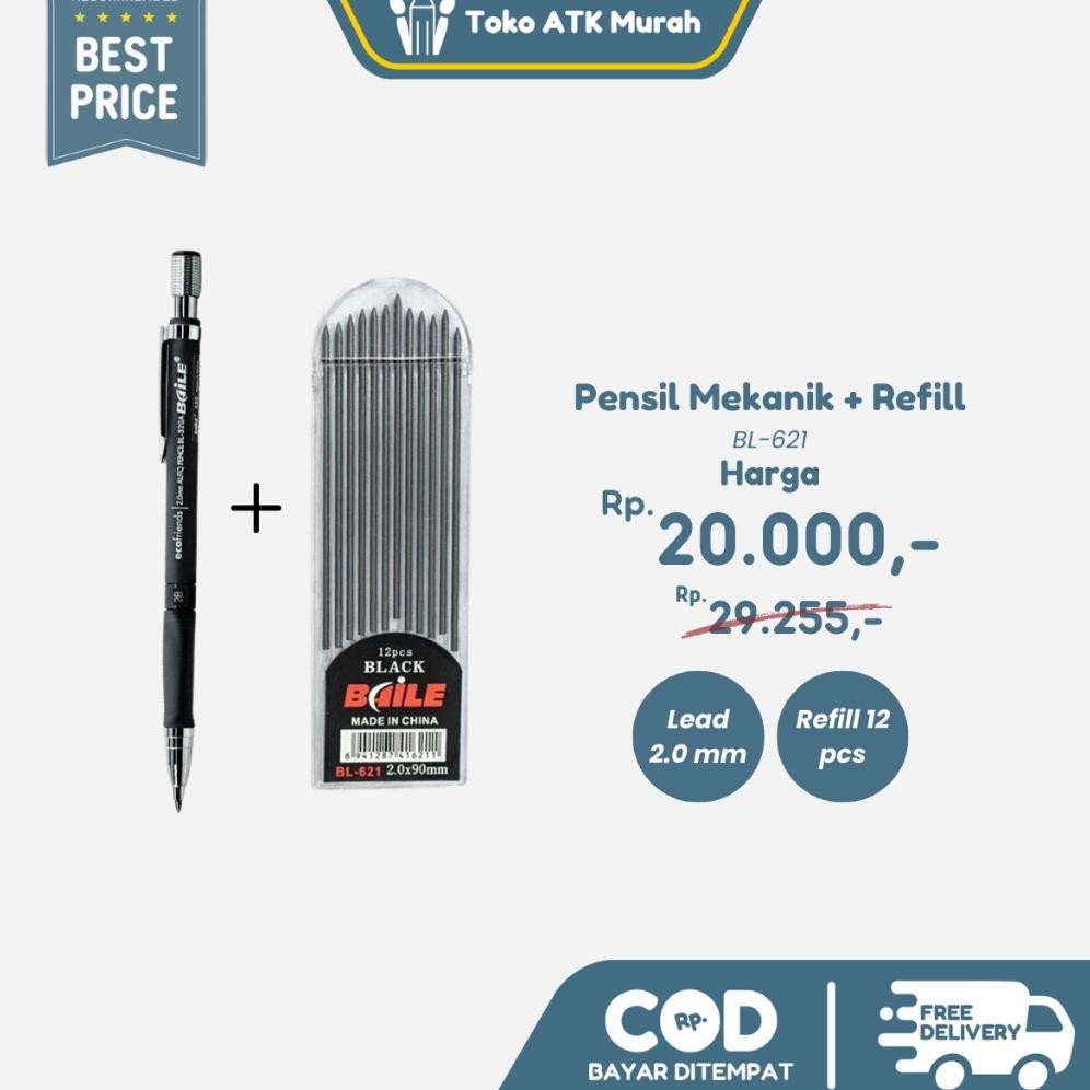 

Pensil Mekanik + Refill 2mm isi 12 Leads Mechanical Pencil 2B Set - Black DiM