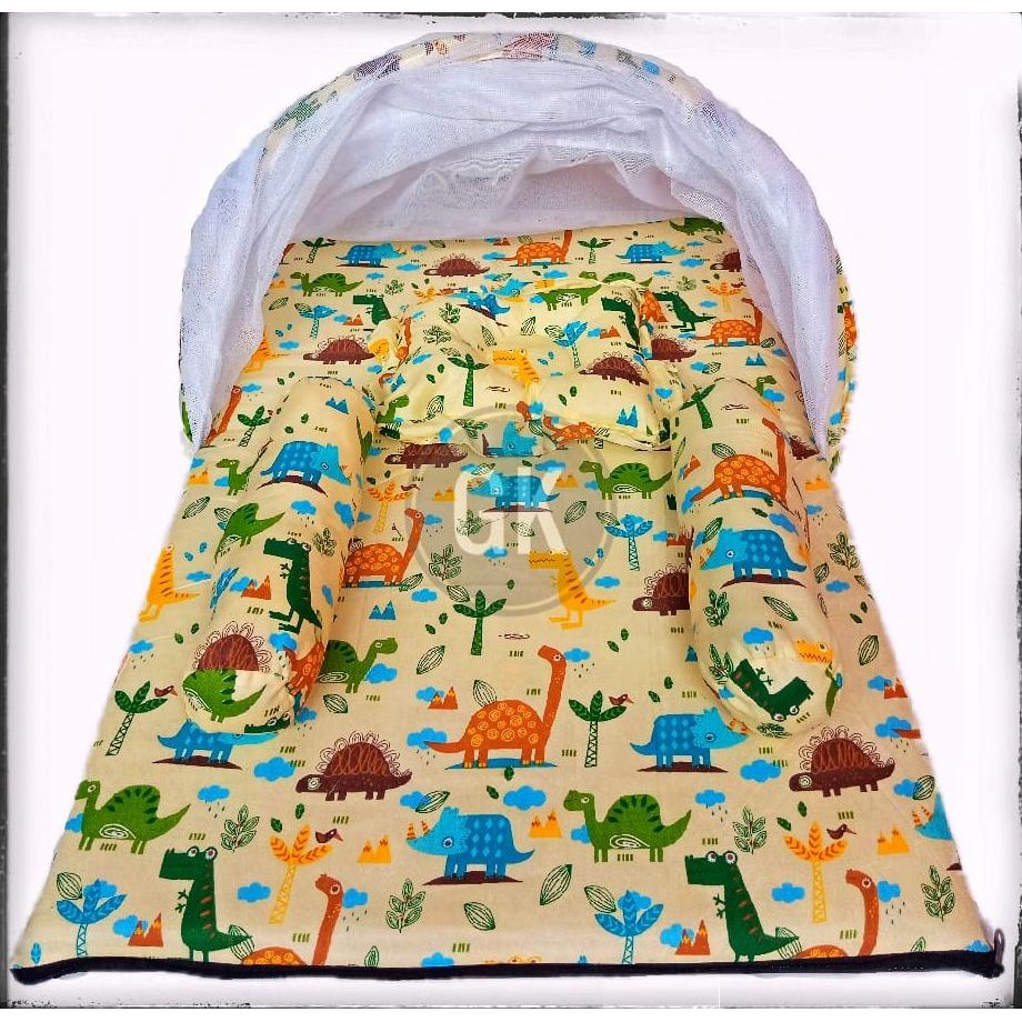 PROMOKASUR BAYI  KELAMBU LIPAT SATU SET BANTAL GULING MOTIF DINO HIJAU/KASUR BAYI MATRAS KELAMBU/KAS