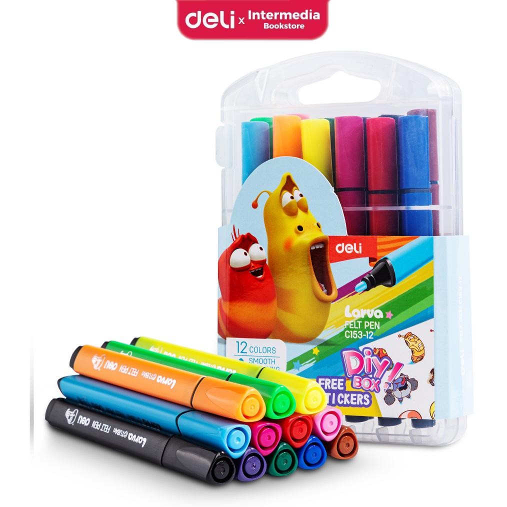 

Deli EC153-12 Larva Felt Pen / Spidol Warna 12 Warna Mudah Dicuci Warna Cerah dan Tebal DiM