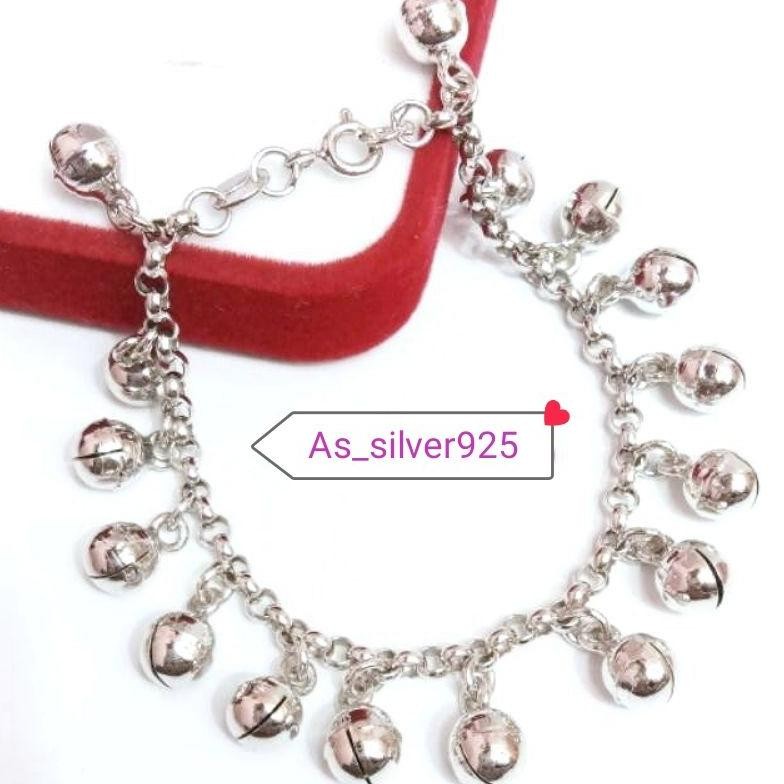 GELANG KAKI ANAK DAN BAYI PERAK ASLI SILVER 925 LAPIS MAS PUTIH RANTAI MARBEL 16 LONCENG DiM