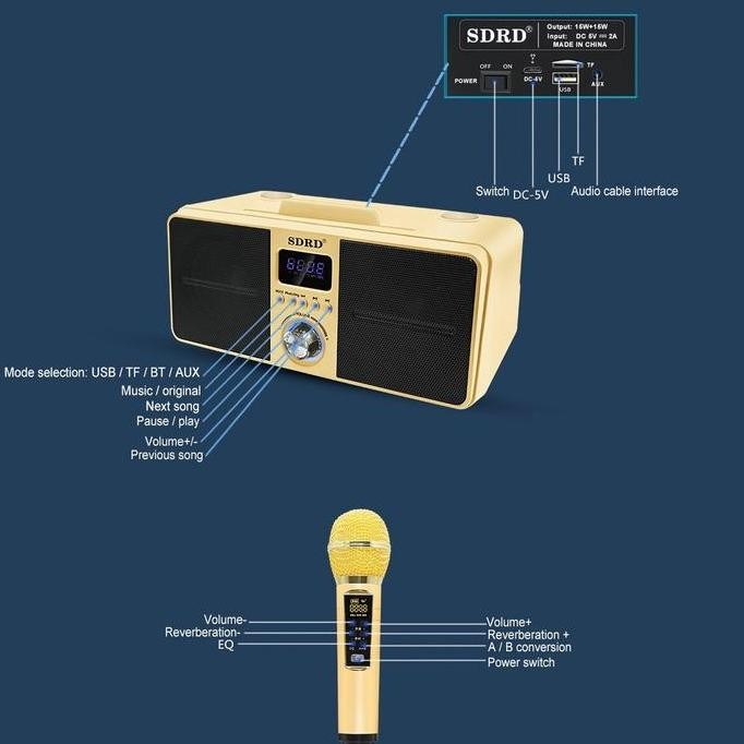 Speaker Bluetooth Karaoke Sdrd Sd306/Sd309 - Dual Mic Wireless