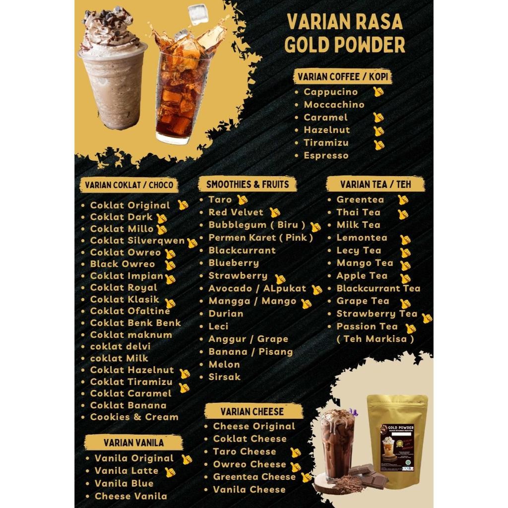 

Lm Gold Powder 500 G Bubuk Minuman Premium / Minuman Bubuk Instan /Serbuk Minuman Kekinian / Boba Powder Drink / Bubuk Boba / Bubuk Aneka Rasa Bubuk Cappucino / Powder Drink / Bubuk Es Teh Aneka Rasa / Semarang / Jawa Tengah Halal Halal