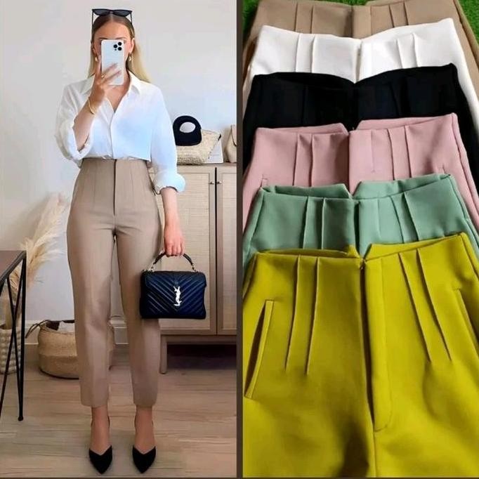 

Celana Pensil Scuba Wanita High Waist Saku Resleting Bahan Tebal Stretch Formal Casual
